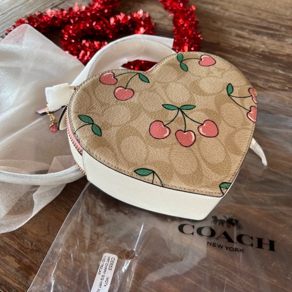 COACH Heart Crossbody In Signature Canvas With Heart Cherry Print NEW - Picture 10 of 14